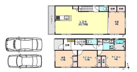 間取り　車並列2台分スペースあり！ゆったり2階建